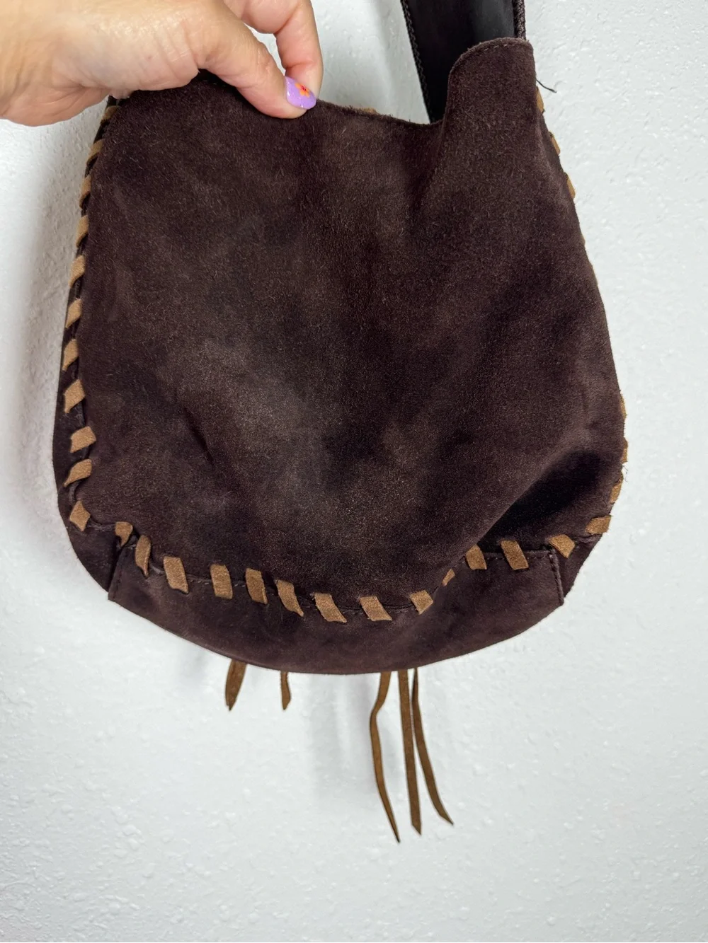⁠Y2K Express Brown Genuine Suede Leather Whipstitch Floral Flower Hobo Bag